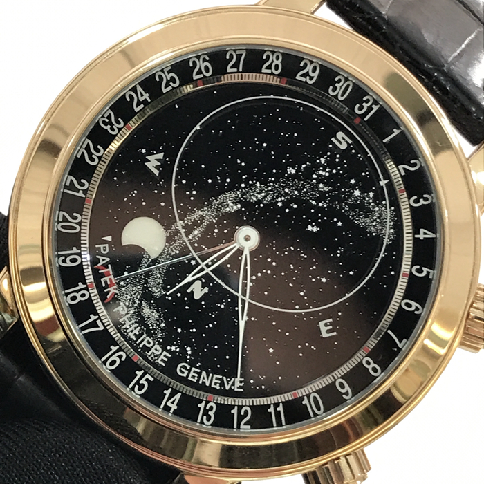 PATEK PHILIPPE 百达翡丽 超级复杂功能时计系列，6102R-001。44毫米表径，18K玫瑰金表壳，黑色蓝宝石水晶圆盘，显示星空背景和月相，透明蓝宝石水晶圆盘，显示苍穹图和银河，指针式日期显示，时针和分针显示平均太阳时间。苍穹图、月相和月行轨迹。天狼星与月亮中天时间。240 LU CL C自动上弦机械机芯，动力储备48小时。专柜定价：2135000元。 单表附保卡。