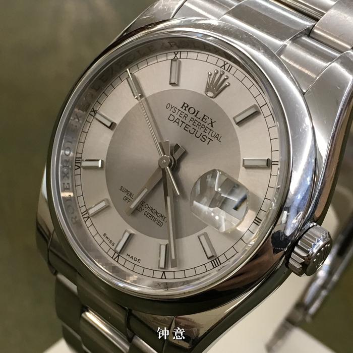 ROLEX 劳力士 日志型系列，116200。36毫米表径，精钢表壳，银色面盘，3点位置为凸透镜放大日历，中央时、分及秒针；瞬跳日历，快速更正；秒针暂停功能以准确调校时间，自动上弦机械机芯。 单表无附件。