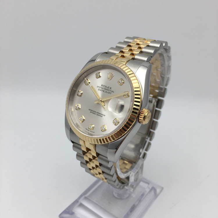 ROLEX 劳力士 日志型系列，116233。36毫米表径，18K黄金/精钢表壳，银色面盘，钻石时标，3点位置日期显示，自产3135自动上弦机械机芯，动力储备48小时，专柜定价：100800元。 全套附件齐全。