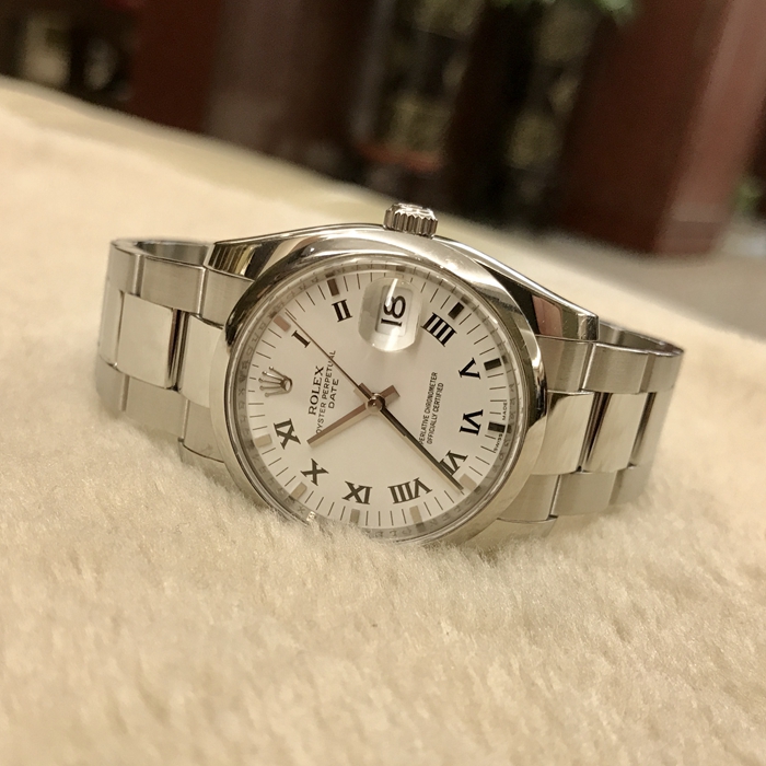 Rolex 劳力士 蚝式恒动系列，115200。34毫米表径，精钢表壳，白色圆形表盘，罗马数字时标，中央时、分及秒针，三点位置日期显示，自动上弦机械机芯。 全套附件齐全。